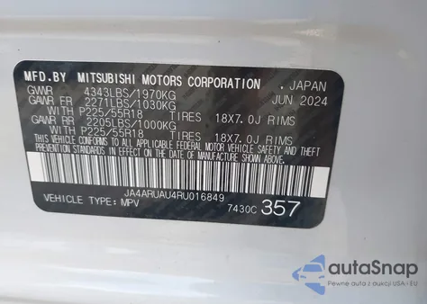 2024 Mitsubishi Outlander Sport 2.0 Es Awc/2.0 Le Awc/2.0 Ralliart Awc/2.0 S Awc/2.0 Se Awc/2.0 Trail Edition Awc из США, поврежденный, VIN JA4ARUAU4RU016849